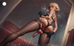 ai_generated balls big_breasts blonde_hair bra crying cum futanari fuxdess hairy_pussy lingerie mascara masturbation nipples nose_ring pantyhose pussy short_hair tattoo