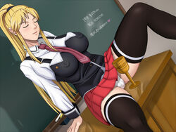 academy_uniform_(bible_black) bible_black blackboard blonde_hair chalkboard classroom closed_eyes clothing cup female human nipples panties price pricelist prostitute prostitution saeki_kaori school_uniform schoolgirl skirt spread_legs translated underwear uniform upskirt