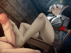 barefoot blush breasts captive_market censored da_hootch danes_c_asriel dark_skin feet footjob game_cg lilith-soft open_mouth penis pointy_ears shindou_l short_hair silver_hair sweat yellow_eyes