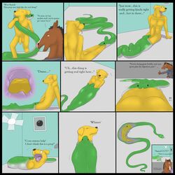 1:1 anthro begging betrayal bodily_fluids bojack_horseman bojack_horseman_(character) canid canine da~blueguy english_text erection forced forced_erection hi_res male mammal mr._peanutbutter netflix reptile scalie snake solo struggling text unwilling_vore vore willing_vore