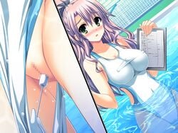 censored hand hands henshin_3 long_hair nipple_bulge notebook one-piece_swimsuit pen pool purple_hair pussy remote_transfer school_swimsuit swimsuit tampon water white_school_swimsuit