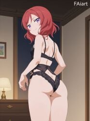 ai_generated faiart lingerie looking_at_viewer love_live! love_live!_school_idol_project nishikino_maki purple_eyes red_hair short short_hair solo