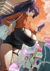 agoppdki agu_(agoppdki) bag black_hair blonde_hair bored bored_expression breasts brown_eyes cityscape cleavage colorized commentary_request faceless faceless_female faceless_male feet_out_of_frame fishnets grey_background highres huge_breasts jewelry long_hair looking_at_object looking_at_viewer mature_female maya_motoko_(agu) mole mole_under_eye mole_under_mouth necklace orange_sky original pearl_necklace phone ponytail purple_hair red_nails road short_hair sky smile standing street sweater tagme thighs tight_skirt turtleneck turtleneck_sweater urban very_short_skirt