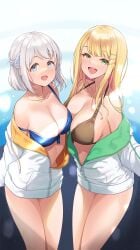 2girls areola_slip bare_legs bikini bikini_under_clothes blonde_hair blue_bikini blue_ribbon breasts brown_bikini collarbone commentary_request front-tie_bikini_top front-tie_top gakuen_idolmaster grey_hair hair_ribbon half_up_braid halterneck highres hood hooded_jacket idolmaster jacket jacket_over_swimsuit jacket_partially_removed katsuragi_lilja kimi_to_semi_blue_(idolmaster) large_breasts long_hair looking_at_viewer mk_(mod0) multiple_girls ribbon ribbon_braid shiun_sumika short_hair straight_hair swimsuit two-sided_fabric two-sided_jacket white_jacket