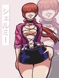 1girls artist_request big_breasts black_skirt boob_window busty earrings female fishnets hand_on_hip heart jacket king_of_fighters light-skinned_female light_skin long_hair no_bra open_clothes pointy_chin ponytail red_hair red_head shermie_(kof) skirt smile smiling_at_viewer thick_thighs thighs tied_hair voluptuous voluptuous_female wide_hips