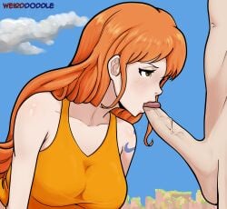 big_breasts blowjob brown_eyes fellatio female just_the_tip kissing_penis long_hair male nami nami_(one_piece) one_piece orange_hair tank_top tattoo vein veiny_penis weirddoddle