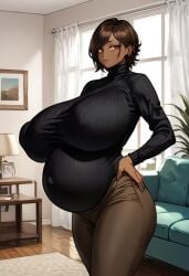 ai_generated alternate_breast_size black_sweater breasts brown_eyes brown_hair brown_pants covered_nipples curvy dark_skin earrings eye_bags female gigantic_breasts hand_on_hip houtengeki_(style) impossible_clothes incest_pregnancy indoors jewelry limbus_company looking_at_viewer mature_female milf outis_(limbus_company) pants pregnant ribbed_sweater sagging_breasts self_upload short_hair solo standing sweater thick_thighs thighs turtleneck