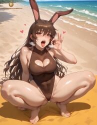 ai_generated beach big_ass big_breasts blush blush brown_eyes brown_hair bunny_ears bunny_girl cleavage cleavage_cutout drool drooling faunus fellatio_gesture heart_cutout large_ass large_breasts long_hair one-piece_swimsuit open_mouth rabbit_ears rabbit_girl rwby squatting sweat sweatdrop sweating swimsuit swimwear tagme tongue tongue_out twistedpeach velvet_scarlatina wide_hips