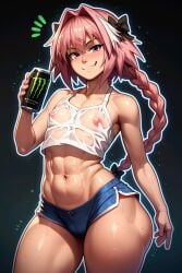 1boy 1femboy ai_generated areolae astolfo_(fate) big_thighs blush fate/grand_order fate_(series) femboy girly huge_thighs large_thighs male male_only monster_energy monster_energy_drink navel nipples smile thick_thighs thighs trap voluptuous xwaifuai