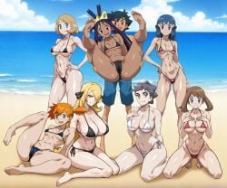 1boy 6+girls 7girls ash_ketchum beach big_breasts bikini black_hair blonde_hair blue_eyes blue_hair blue_sky brown_eyes brown_hair cynthia_(pokemon) dawn_(pokemon) diantha_(pokemon) feet female green_eyes grey_eyes harem human iris_(pokemon) kasumi_(pokemon) male may_(pokemon) medium_breasts misty_(pokemon) multiple_girls nintendo ocean open_mouth orange_hair pokemon pokemon_(anime) pokemon_bw pokemon_dppt pokemon_rgby pokemon_rse pokemon_xy satoshi_(pokemon) serena_(pokemon) small_breasts soles swimming_trunks swimsuit toes yxyyxy