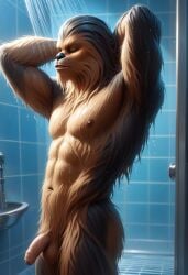 2024 ai_generated alien alien_boy anthro balls ballsack carnivalecloudmuncher chewbacca closed_eyes flaccid foreskin furry hands_behind_head male male_only nude penis self_upload shower showering solo solo_male standing star_wars tagme water wet wet_body wookiee