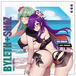 2girls absurdres artist_name ass bare_shoulders bikini black_bikini black_choker blue_sky blush breasts byleth_(fire_emblem) byleth_(fire_emblem)_(female) byleth_(summer)_(fire_emblem)_(female) character_name choker closed_mouth cloud cloudy_sky commentary copyright_name day enlightened_byleth_(female) fingernails fire_emblem fire_emblem:_three_houses fire_emblem_heroes fire_emblem_warriors:_three_hopes flower from_side green_eyes green_hair hair_bun hair_flower hair_ornament hair_over_one_eye hand_up hibiscus highres hug hug_from_behind large_breasts lips long_hair looking_at_viewer multiple_girls nintendo ocean official_alternate_costume official_alternate_hair_color outdoors purple_eyes purple_hair rein_creamsoda shez_(female)_(fire_emblem) shez_(female)_(summer)_(fire_emblem) shez_(fire_emblem) shiny_skin sky smile swimsuit thighs water