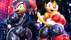 2girls big_breasts bodysuit breasts bubble_butt honey_the_cat horny_female latex palisal presenting_ass rouge_the_bat_(cosplay) shade_the_echidna