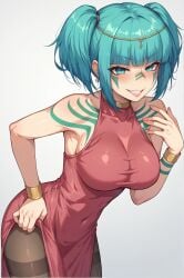 1girls ai_generated aqua_eyes aqua_hair bare_shoulders blush breasts covered_collarbone covered_navel dress earrings ergonomic_hero_(vocaloid) facial_mark female female_only grin hand_up hatsune_miku jewelry large_breasts looking_at_viewer maha_no_hanashi masa_works_design milua naughty_face pantyhose self_upload short_twintails simple_background smile solo solo_female suggestive tagme tattoo twintails vocaloid