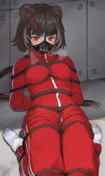 animal_ears arknights bondage bondage bondage bound brown_hair crotch_rope female gag highres jacket kozeni_isari leto_(arknights) mask no_shoes red_eyes shibari_over_clothes short_hair track_jacket track_suit