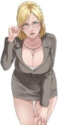 1girls 2d 2d_(artwork) adjusting_eyewear bangs big_breasts blonde_hair blouse blue_eyes business_suit business_woman busty butcha-u capcom clavicle cleavage clothed clothing cowboy_shot dead_rising earrings eroquis eyewear female female_only formal front_view glasses grey_skirt hand_on_own_leg hand_on_own_thigh huge_breasts jacket jessica_mccarney jewelry large_breasts leaning_forward lips long_sleeves looking_at_viewer lower_teeth medium_hair miniskirt necklace office_lady open_mouth pencil_skirt shirt short_hair skirt skirt_suit solo suit thighs tied_hair tongue white_blouse white_shirt