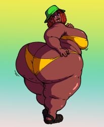 1girls ass ass_focus back_view bbw big_ass big_breasts big_lips bikini bottom_heavy cellulite chubby chubby_female dark-skinned_female dark_skin dumptruck_ass ear_piercing fat fat_arms fat_ass fat_thighs female female_only gammanaut gradient_background hat huge_ass huge_breasts large_ass large_breasts original_character rear_view red_hair sandals sideboob solo solo_female sunhat wide_hips yellow_bikini