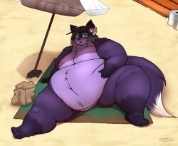 anthro belly big_belly canid canine fox hanging_belly hi_res huge_belly kemono male mammal overweight shysho sitting solo weight_gain