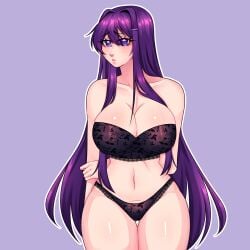 1female 1girls bare_shoulders breasts cleavage doki_doki_literature_club female_focus long_hair marukunart navel purple_eyes purple_hair yuri_(doki_doki_literature_club)