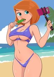 ann_possible beach bikini bikini_top blue_eyes cameltoe cleavage female female_only kim_possible milf originaltkw outdoors popsicle popsicle_in_mouth revealing_clothes selfie_stick skimpy_clothes skindentation underboob underboob_cutout