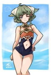 1other ;3 adapted_costume animal_ears bare_arms bare_shoulders braid cat_ears clothing_cutout flat_chest green_hair grey_eyes hand_on_own_hip highres juniper_(xenoblade) navel_cutout one-piece_swimsuit one_eye_closed other_focus rotomdocs smile solo swimsuit xenoblade_(series) xenoblade_chronicles_3