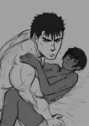 1boy 1boy1girl 1girls akistrike annoyed artist_name bed bed_sheet berserk black_hair blush breasts canon_couple casca cleavage_cutout completely_nude grey_background greyscale guts_(berserk) hand_on_another's_shoulder imminent_sex interrupted looking_at_partner looking_at_viewer lying lying_on_back lying_on_bed monochrome muscular muscular_male nosferatuaki one_eye_closed romantic romantic_couple scar scars_all_over short_hair smile spiky_hair straight watermark wholesome