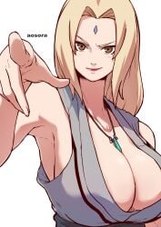 aosora armpits artist_name blonde_hair blush breasts brown_eyes cleavage collarbone crystal crystal_necklace diamond_facial_mark facial_mark female forehead forehead_mark foreshortening grey_kimono highres huge_breasts japanese_clothes jewelry kimono mature_female naruto naruto_(series) naruto_shippuden necklace parted_lips pointing pointing_at_viewer red_lips simple_background sleeveless sleeveless_kimono smile solo tsunade upper_body white_background