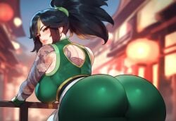 1female ai_generated akali ass ass ass_focus back_view bent_over big_ass big_butt blurry_background blush bra curvy curvy_female curvy_figure female female_focus female_only from_behind league_of_legends leggings looking_at_viewer looking_back miyuai riot_games sideboob solo solo_focus tattoo tattoos tight_clothes tight_clothing yoga_pants