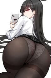 absurdres ass ass_focus black_hair black_pantyhose black_skirt blue_archive blush breasts bright_pupils brown_pantyhose cellphone female from_behind hair_ornament hairclip halo highres holding holding_phone large_breasts light-skinned_female light_skin long_hair long_sleeves looking_at_viewer looking_back millennium_science_school_student miniskirt panties panties_under_pantyhose pantyhose phone red_eyes revision ribbed_sweater rio_(blue_archive) seminar_(blue_archive) shigure_s skirt smartphone solo sweater thighband_pantyhose thighs turtleneck turtleneck_sweater underwear very_long_hair white_panties white_pupils white_sweater