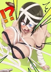 !? 163_(shiromeshi) akashi_maho areolae blush bouncing_breasts d4dj exposed_breasts glass_bottle halloween huge_breasts mummy mummy_wrappings nude shocked stripped