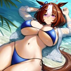 ahoge ai_generated animal_ears bikini breasts brown_hair female horse_girl meisho_doto_(umamusume) purple_eyes tagme two_tone_hair umamusume umamusume_pretty_derby