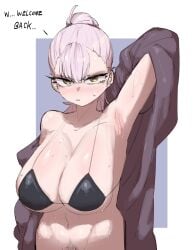 1girls arm_up armpits bikini blush character_request cleavage dialogue female female_only female_pubic_hair huge_breasts human kida_eve pubic_hair pubic_hair_peek revealing_clothes solo solo_female tagme_(character) text