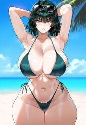 ai_generated armpits arms_behind_head beach bikini black_hair breasts_bigger_than_head cleavage creamy_ai curvy fubuki_(one-punch_man) green_bikini green_eyes green_hair green_panties highleg_panties huge_breasts narrow_waist navel one-punch_man sunglasses sunglasses_on_head thiccwithaq_(ai_style) thick_thighs wide_hips