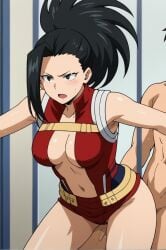 1girls black_eyes black_hair blush boku_no_hero_academia fucked_from_behind indoors light-skinned_female light_skin momo_yaoyorozu my_hero_academia shiny_skin sweating