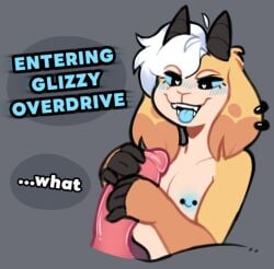 bag_of_lewds black_horn blue_eyes blue_nipples blush bovid bovine breasts caprine dialogue duo ear_piercing female genitals goat hair handjob horn mammal marbles_(bag_of_lewds) nipple_piercing nipples open_mouth penile penis piercing pink_penis sex small_breasts tongue tongue_out white_hair