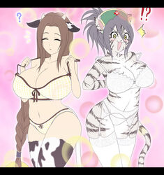 2girls ? animal_ear blush bra breasts cleavage cow_ear cow_print cow_tail furry homura huge_breasts large_breasts multiple_girls surprised tail thighhighs underwear