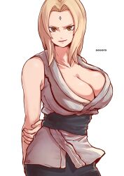 aosora arms_behind_back artist_name black_pants blonde_hair blush breasts cleavage collarbone facial_mark female forehead forehead_mark grey_kimono highres holding_own_arm huge_breasts japanese_clothes kimono looking_at_viewer mature_female naruto naruto_(series) naruto_shippuden naruto_shippuuden pants parted_lips simple_background smile solo tsunade white_background