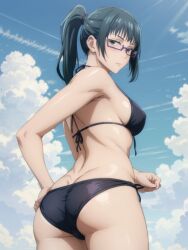 ai_generated black_bikini brown_eyes deinacht glasses green_hair hand_on_ass jujutsu_kaisen looking_at_viewer ponytail zenin_maki