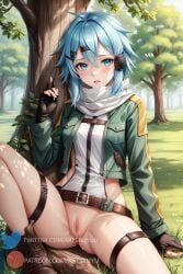 1girls ai_generated artsbuyu asada_shino bangs belt blue_eyes blue_hair blush boots censored embarrassed gloves hair_between_eyes hair_ornament hi_res jacket looking_at_viewer medium_breasts one_leg_up open_mouth pussy_juice scarf sidelocks sinon sitting spread_legs stable_diffusion sword_art_online sword_art_online:_phantom_bullet unifrom