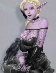 1girls big_breasts black_nails blonde_hair blue_eyes breasts caracalita clothed clothing corruption_of_champions corruption_of_champions_2 corruption_of_champions_ii elf etheryn female female_only fully_clothed goth goth_girl humanoid nail_polish piercing purple_skin sitting solo source_request