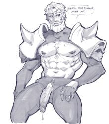 balls bara beard big_penis blush embarrassed facial_hair fire_emblem fire_emblem_engage male male_only monochrome muscles muscular nintendo penis penis_out solo solo_male speech_bubble vander_(fire_emblem) white_hair willatasticnsfw