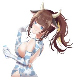 1girls blonde_hair blue_eyes blush bottle breasts brown_hair clothed clothing cow_ears cow_horns cow_print earrings eyebrows_visible_through_hair female female_only horns huge_breasts indie_virtual_youtuber licking_lips light-skinned_female light_skin looking_at_viewer milk_bottle ponytail riraranran sideboob solo two_tone_hair utada_zoey virtual_youtuber