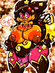 5_fingers anthro big_breasts bodily_fluids breasts brown_hair brown_nipples clitoris emboar female fingers generation_5_pokemon genital_fluids genitals hair heart hi_res lewdchuu_(artist) navel nintendo nipples orange_body pink_eyes pokemon pokemon_(species) pussy pussy_juice solo star tail thick_thighs