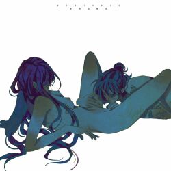 2girls arm_rest arm_tattoo between_legs breasts closed_eyes dated hand_between_legs hand_on_another's_leg imminent_cunnilingus long_hair luoman19921 medium_breasts multiple_girls nipples original short_hair short_ponytail simple_background spread_legs tattoo white_background yuri