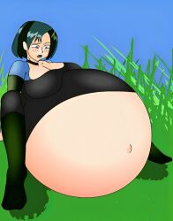 1girls big_belly black_eyes black_hair blush cartoon_network elek-tronikz exposed_belly female grass gray_eyes gwen_(tdi) hand_on_belly huge_breasts hyper_pregnancy legs_apart lipstick multicolored_hair pregnant sitting stockings total_drama_island