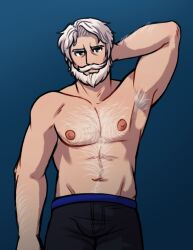 armpit_hair armpits bara beard body_hair chest_hair facial_hair fire_emblem fire_emblem_engage hand_behind_head male male_only muscles muscular mustache nintendo nipples pants shirtless solo solo_male soupyeel vander_(fire_emblem) white_hair