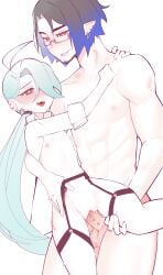 bite_mark bite_marks blushing carrying_partner cock_piercing flat_chest garter_belt glasses green_hair larger_male petite piercings pointy_ears pokemon pokemon_sv ranier_layarte re1akko rika_(pokemon) size_difference smaller_female