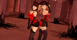 2girls 3d ann_takamaki atlus black_gloves blonde_hair blue_eyes breasts brown_hair butt_to_butt choker corset fishnets gg-koi hat koikatsu leggings long_gloves makoto_niijima persona persona_5 posing posing_for_the_viewer red_corset red_eyes short_shorts skin_tight staring_at_viewer twintails