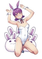 1girls arms_up blush blushing_at_viewer bunnies bunny bunny_costume bunny_ears bunny_girl bunnysuit cuff_links cuffs female female_only gritted_teeth hamada_yoshikazu leotard medium_hair on_knees petite petite_body petite_female pink_hair plushie solo tagme white_leotard