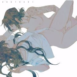 2girls arm_tattoo bottomless breasts collarbone dated fingering highres long_hair looking_at_another luoman19921 multiple_girls navel nipples original parted_lips shirt short_hair simple_background small_breasts tattoo vaginal_penetration white_background white_shirt yuri